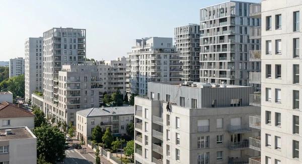 Vue urbaine de Cr&eacute;teil montrant un ou plusieurs b&acirc;timents r&eacute;sidentiels ou tertiaires modernes avec des fa&ccedil;ades d'acc&egrave;s difficile, photographi&eacute;s de jour sous une lumi&egrave;re naturelle claire. La composition doit mettre en &eacute;vidence le contexte urbain dense caract&eacute;ristique de Cr&eacute;teil, avec des immeubles de plusieurs &eacute;tages et une architecture urbaine contemporaine, distincte visuellement des paysages de Boulogne-Billancourt et Versailles d&eacute;j&agrave; utilis&eacute;s. L'objectif est de repr&eacute;senter le cadre d'intervention d'une entreprise de cordistes en acc&egrave;s sur cordes en &Icirc;le-de-France.