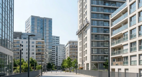 Vue urbaine de Nanterre montrant un ou plusieurs immeubles r&eacute;sidentiels ou tertiaires modernes avec des fa&ccedil;ades pr&eacute;sentant une architecture contemporaine typique de la commune. La photo doit &ecirc;tre prise de jour sous une lumi&egrave;re naturelle claire, mettant en &eacute;vidence le contexte urbain dense et les b&acirc;timents de plusieurs &eacute;tages. Cette image doit &ecirc;tre visuellement distincte des trois autres vues (Boulogne-Billancourt, Versailles, Cr&eacute;teil) en montrant des caract&eacute;ristiques architecturales et urbaines sp&eacute;cifiques &agrave; Nanterre, tout en illustrant clairement l'environnement urbain o&ugrave; interviennent les cordistes sp&eacute;cialis&eacute;s en acc&egrave;s sur cordes.