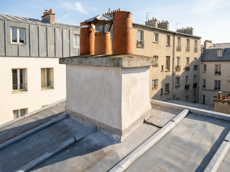 Toiture parisienne avec souche de cheminée en enduit ciment, surmontée de mitrons en terre cuite cylindriques et d'un chapeau de ventilation métallique