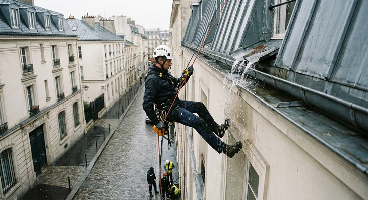 Deux ouvriers en v&ecirc;tements de s&eacute;curit&eacute; jaunes suspendus par cordes d'alpinisme effectuent des travaux de peinture sur la fa&ccedil;ade bleue d'un b&acirc;timent en hauteur