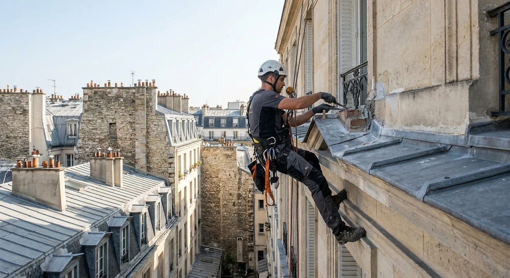 Cordistes en équipement de sécurité complet (harnais, casque) travaillant sur la façade d'un immeuble haussmannien parisien en pierre de taille beige avec balcons en fer forgé. Les cordistes sont visibles en action, assis ou en position de travail sur des cordes d'accès, intervenant sur un élément de la façade (nettoyage, réparation ou maçonnerie). Aucun échafaudage visible. Ciel clair, cadrage montrant à la fois la hauteur de l'immeuble et les travailleurs en action directe sur la façade, illustrant l'efficacité et l'agilité de la technique sans infrastructure lourde.