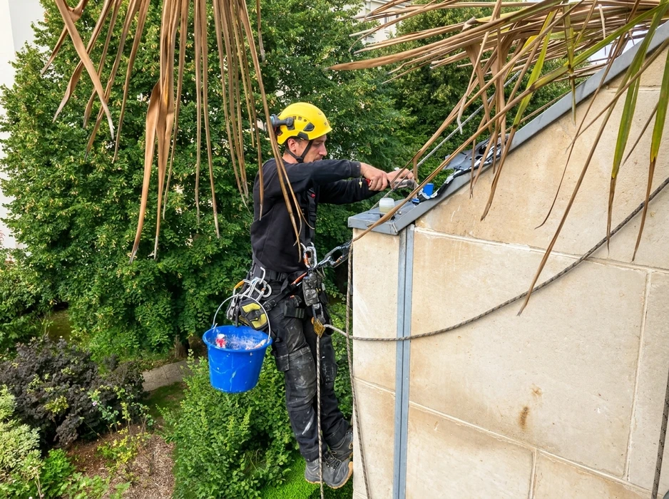 Technicien cordiste en combinaison noire et casque jaune, suspendu en façade par harnais et mousquetons, travaille sur un rail métallique en acier galvanisé fixé sur un mur en pierre calcaire