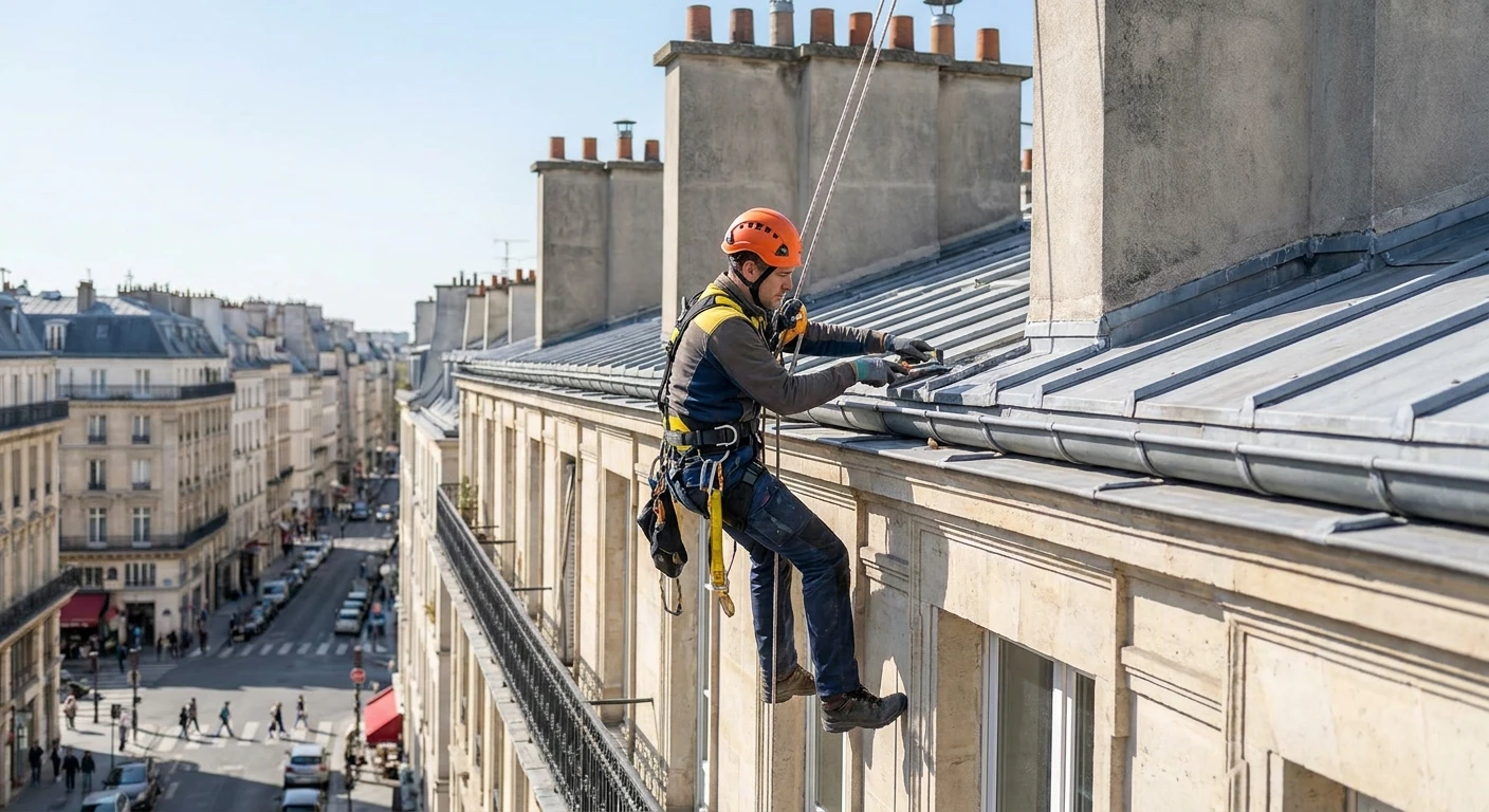 Deux ouvriers équipés de harnais de sécurité effectuent des travaux de nettoyage ou maintenance sur la façade d'un immeuble moderne multi-étages