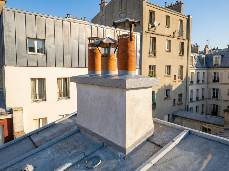 Toiture plate en zinc avec souche de cheminée en béton enduit, équipée de mitrons en terre cuite émaillée rouille avec chapeau pare-pluie en inox