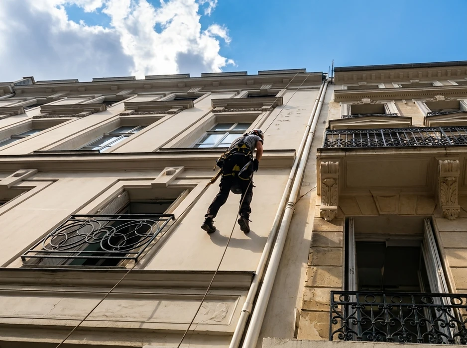 Technicien en accès par cordes descendant en rappel sur la façade haussmannienne d'un immeuble