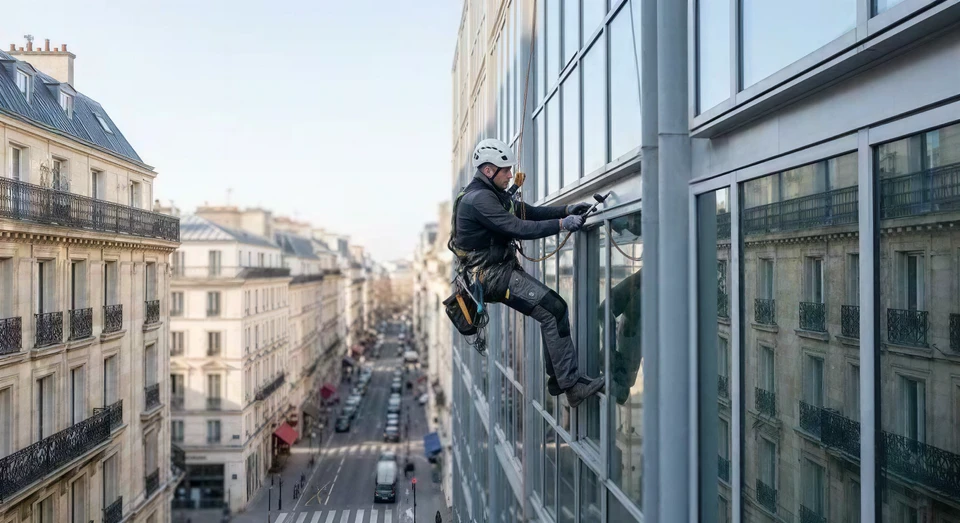 Deux ouvriers équipés de harnais de sécurité effectuent des travaux de nettoyage ou maintenance sur la façade d'un immeuble moderne multi-étages