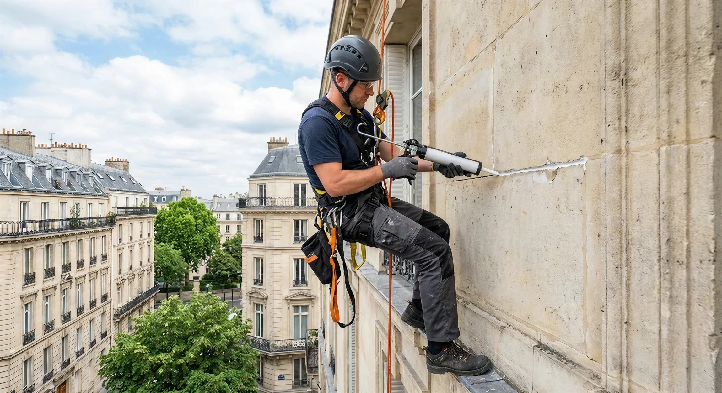 Travailleur en hauteur équipé d'un harnais de sécurité orange sur une plateforme industrielle avec garde-corps métalliques