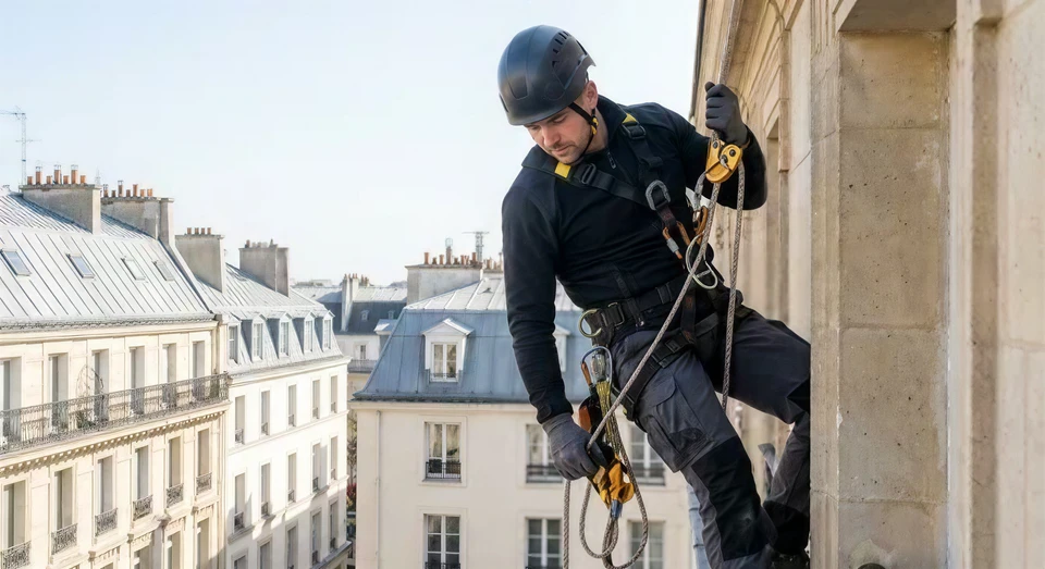 Ouvrier en rappel effectuant des travaux d'inspection sur la coque métallique d'un navire ou structure industrielle
