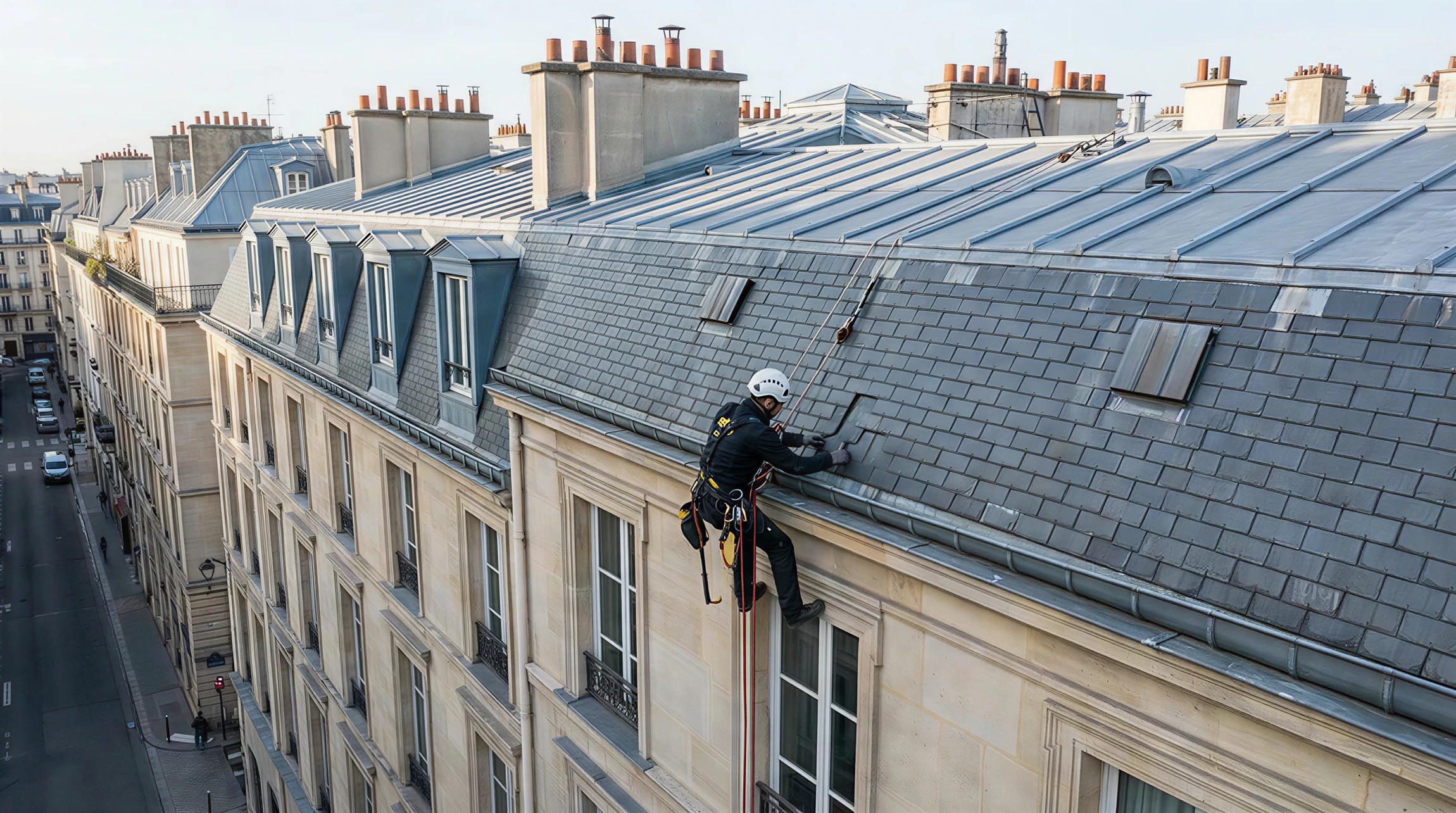 Cordiste professionnel équipé d'un harnais de sécurité complet et d'une corde de rappel, réparant ou inspectant une toiture en tuiles d'un immeuble parisien. La personne est suspendue par cordes contre la façade de l'immeuble, travaillant sur la toiture en hauteur. Vue en plongée ou de profil montrant clairement l'environnement urbain parisien (immeubles haussmanniens visibles), le système de cordage professionnel, et l'absence d'échafaudage. Lumière naturelle de jour, qualité photographique professionnelle, montrant le sérieux et la compétence technique de l'intervention.