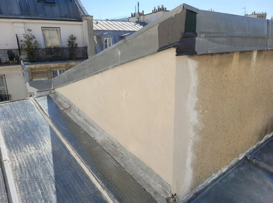 Vue aérienne de toits parisiens haussmanniens avec zinc métallique, lucarnes à tabatière et fenêtres de toit Velux
