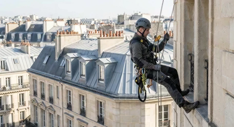 Deux ouvriers &eacute;quip&eacute;s de harnais de s&eacute;curit&eacute; effectuent des travaux en hauteur sur la fa&ccedil;ade d'un immeuble, suspendus par des cordes d'alpinisme industriel contre un ciel d&eacute;gag&eacute;