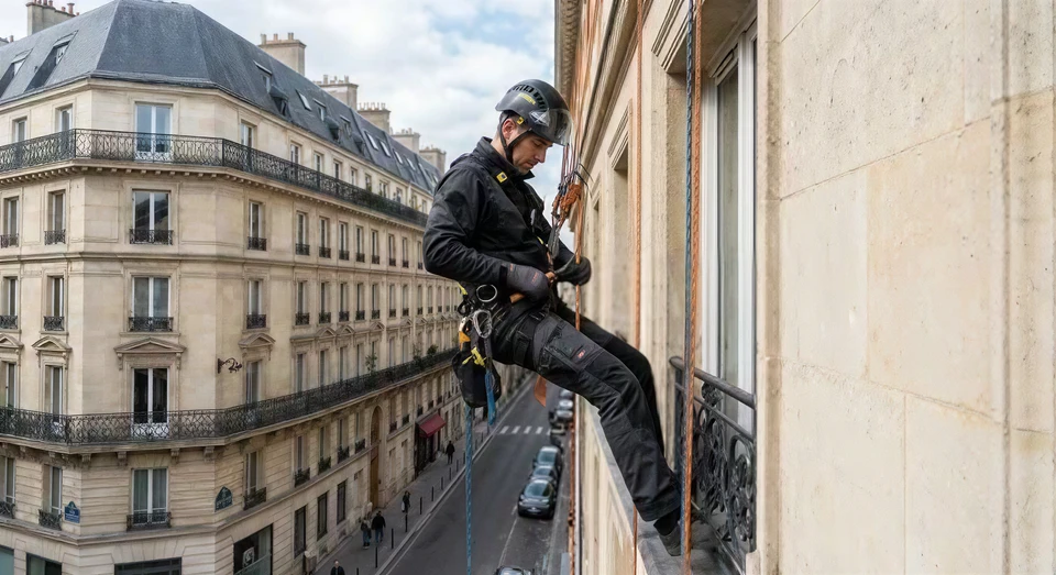 Ouvrier en rappel effectuant des travaux d'inspection sur la coque métallique d'un navire ou structure industrielle