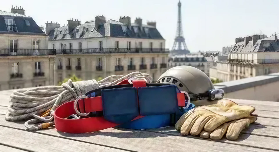 Deux ouvriers &eacute;quip&eacute;s de harnais de s&eacute;curit&eacute; effectuent des travaux de nettoyage ou maintenance sur la fa&ccedil;ade d'un immeuble moderne multi-&eacute;tages