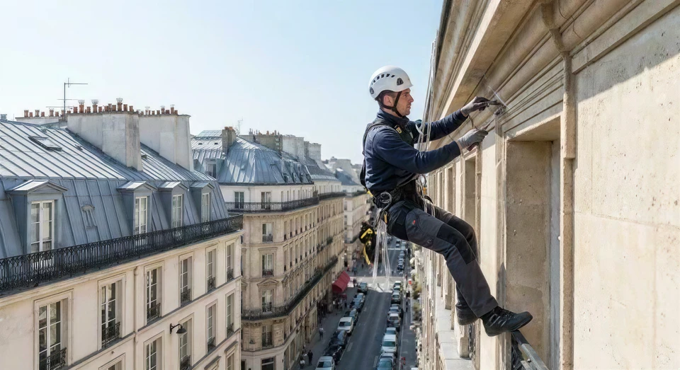 Deux ouvriers équipés de harnais de sécurité effectuent des travaux de nettoyage ou maintenance sur la façade d'un immeuble moderne multi-étages